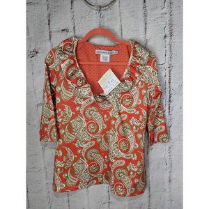 Gretchen Scott Women's Ruffle neck Jersey 3/4 Sleeve Top In Plentiful Paisley Sz